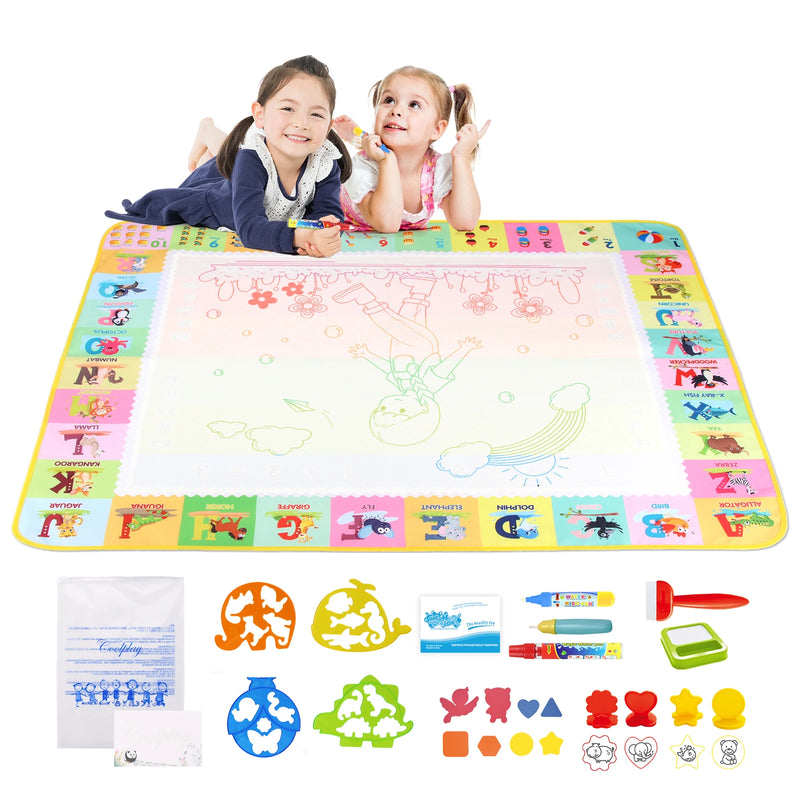 "Montessori-inspired 100x80cm magic water drawing mat for kids with pens and stencil set"