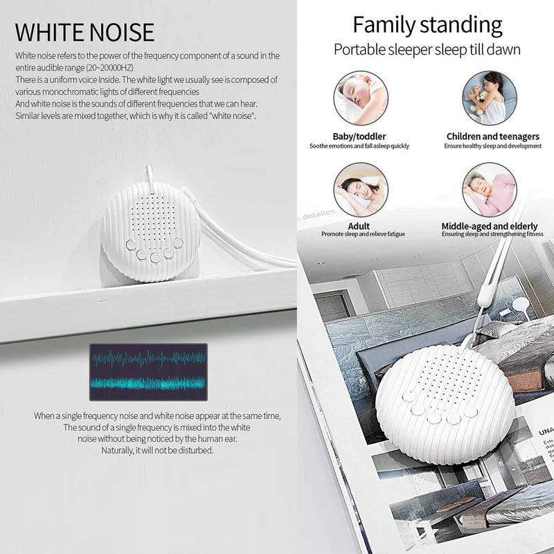 Portable White Noise Sound Machine for Baby Sleep, 10 Soothing Sounds, Rechargeable, USB-Powered