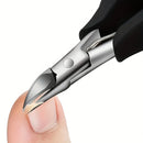 Nail clipper being used on a fingernail with a white background