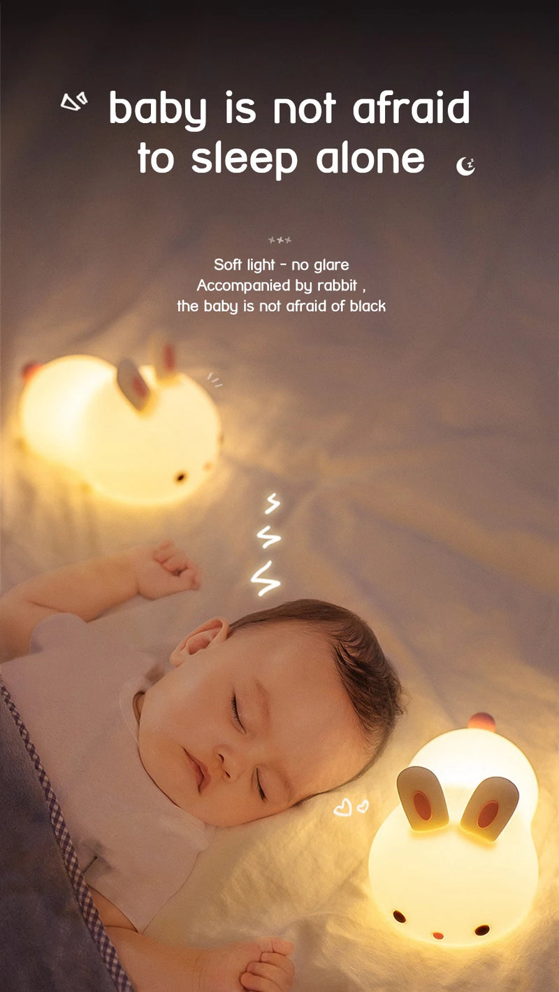 Rabbit night light – touch sensor RGB LED bunny lamp, USB rechargeable silicone nightlight
