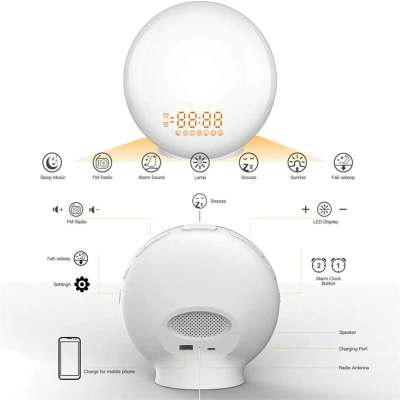 Wake Up Light Alarm Clock with Sunrise/Sunset Simulation, Dual Alarms, Radio, 7 Colour Lights