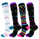 Four pairs of colorful knee-high socks with different patterns on a white background