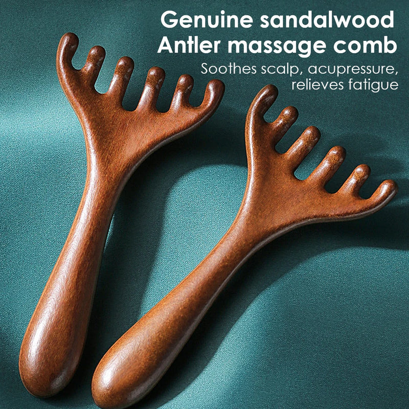 Six-Claw Wooden Head Massage Comb – Natural Sandalwood Gua Sha Tool for Scalp & Body Relaxation