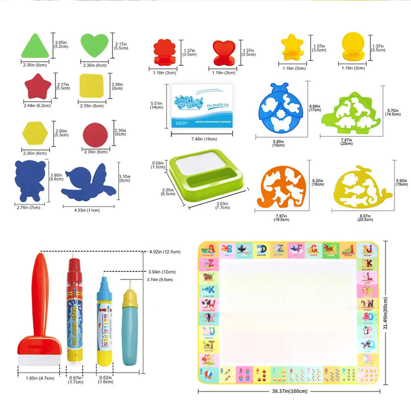 Magic Water Drawing Mat for Kids – 100x80CM Reusable Montessori Doodle Board with Pens & Stencils