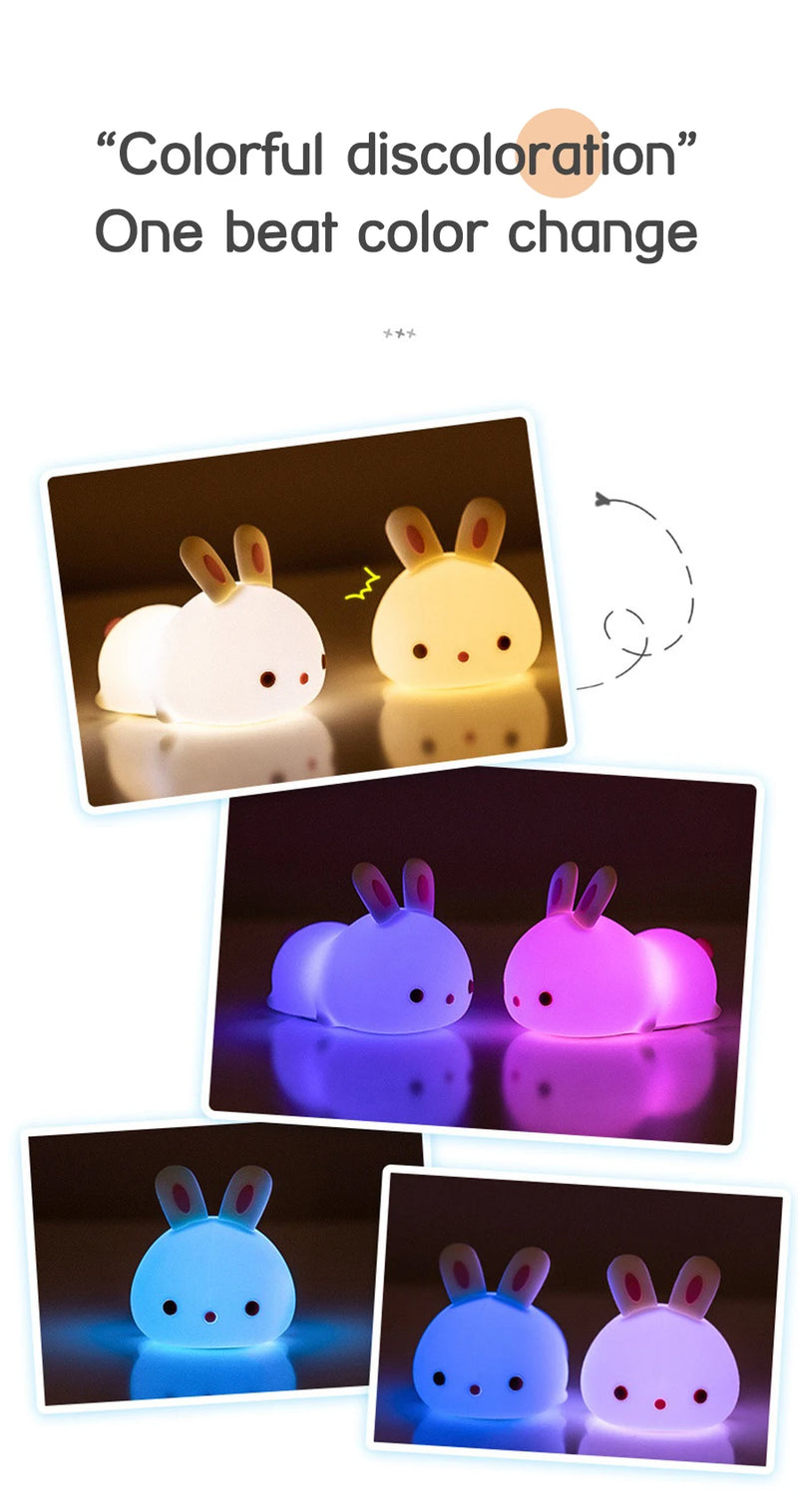 Rabbit night light – touch sensor RGB LED bunny lamp, USB rechargeable silicone nightlight