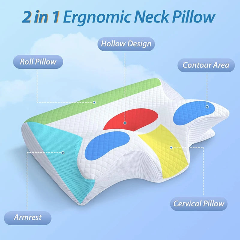 Memory Foam Cervical Pillow - 2-in-1 Ergonomic Contour Orthopedic Pillow for Neck Pain Relief