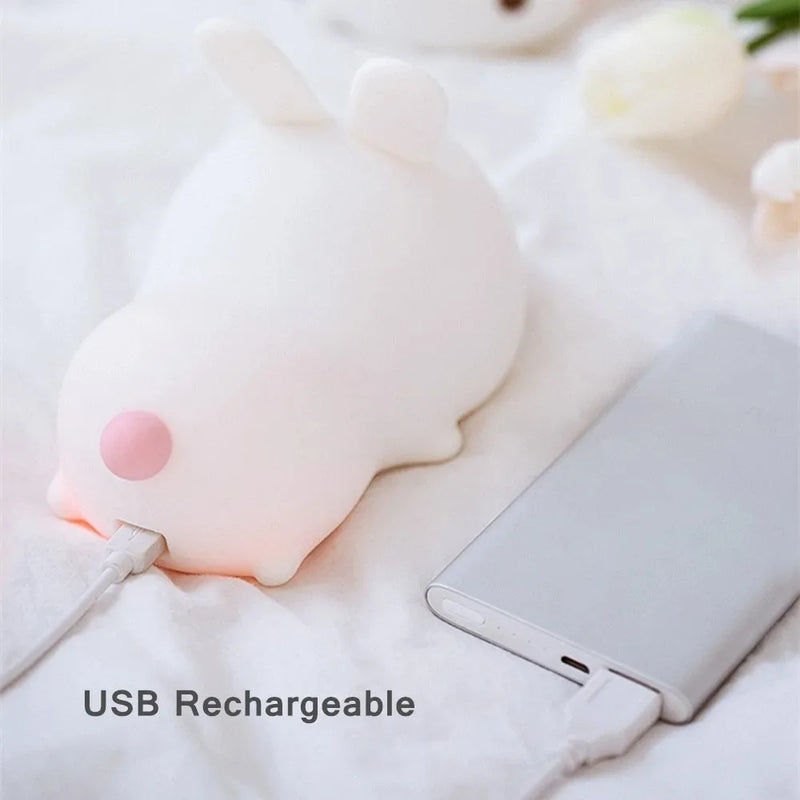 Rabbit night light – touch sensor RGB LED bunny lamp, USB rechargeable silicone nightlight