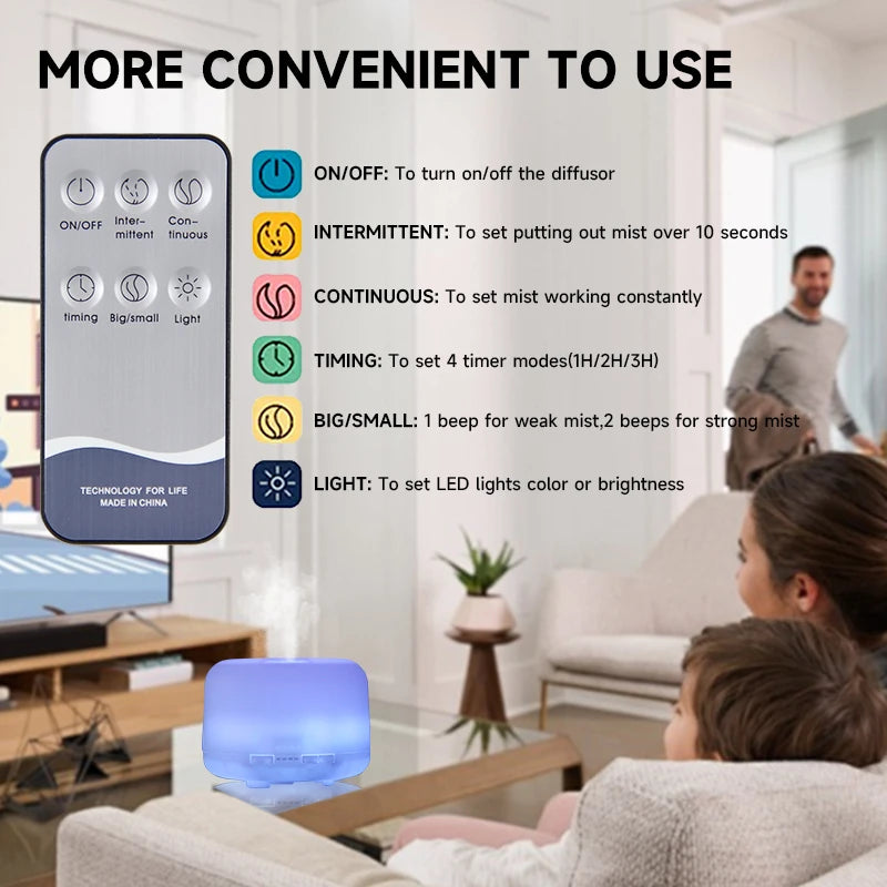500ml essential oil diffuser with ultrasonic humidifier, timer function and colourful LED lighting