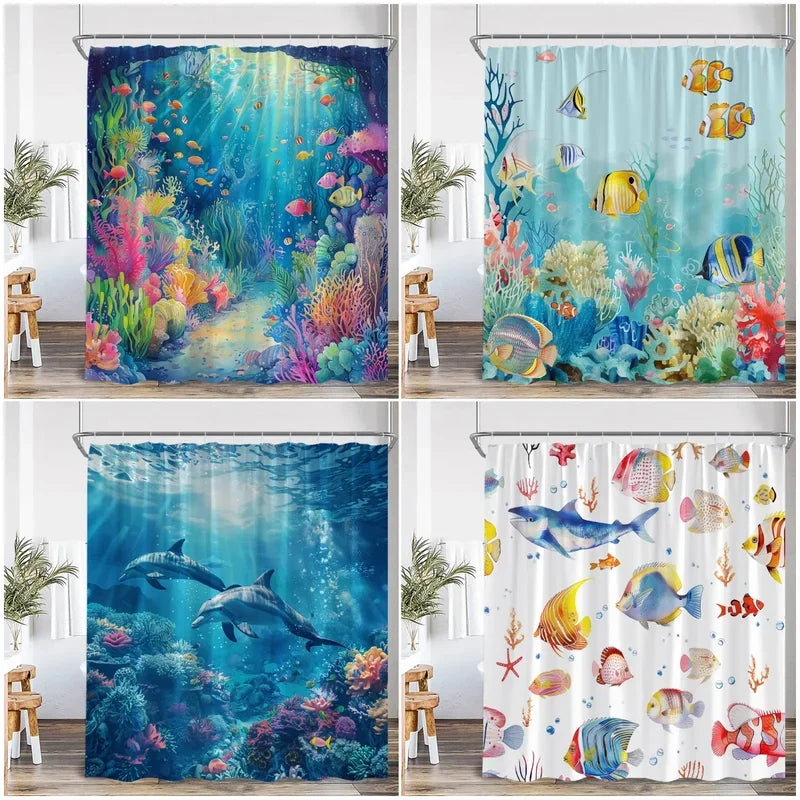 Undersea Cartoon Shower Curtain With Sea Turtle & Coral