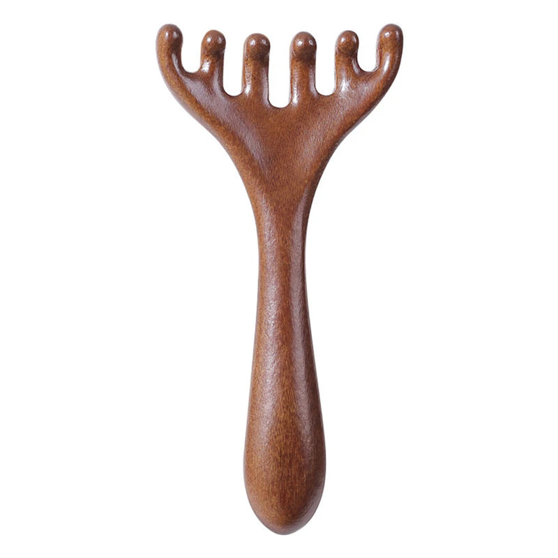 Six-Claw Wooden Head Massage Comb – Natural Sandalwood Gua Sha Tool for Scalp & Body Relaxation