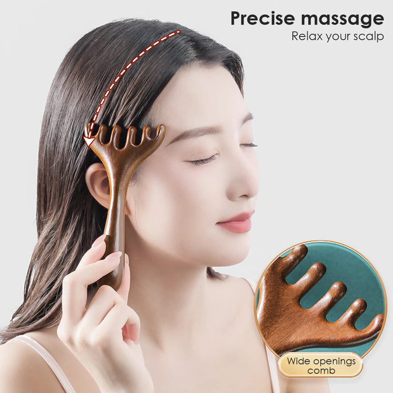 Six-Claw Wooden Head Massage Comb – Natural Sandalwood Gua Sha Tool for Scalp & Body Relaxation