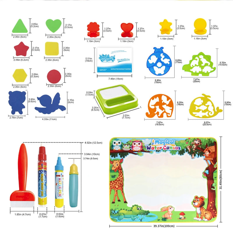 Magic Water Drawing Mat for Kids – 100x80CM Reusable Montessori Doodle Board with Pens & Stencils