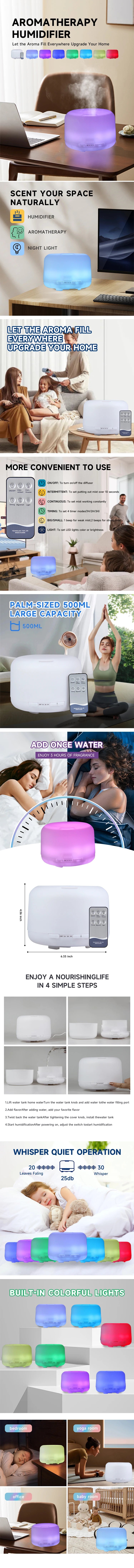 500ml essential oil diffuser with ultrasonic humidifier, timer function and colourful LED lighting