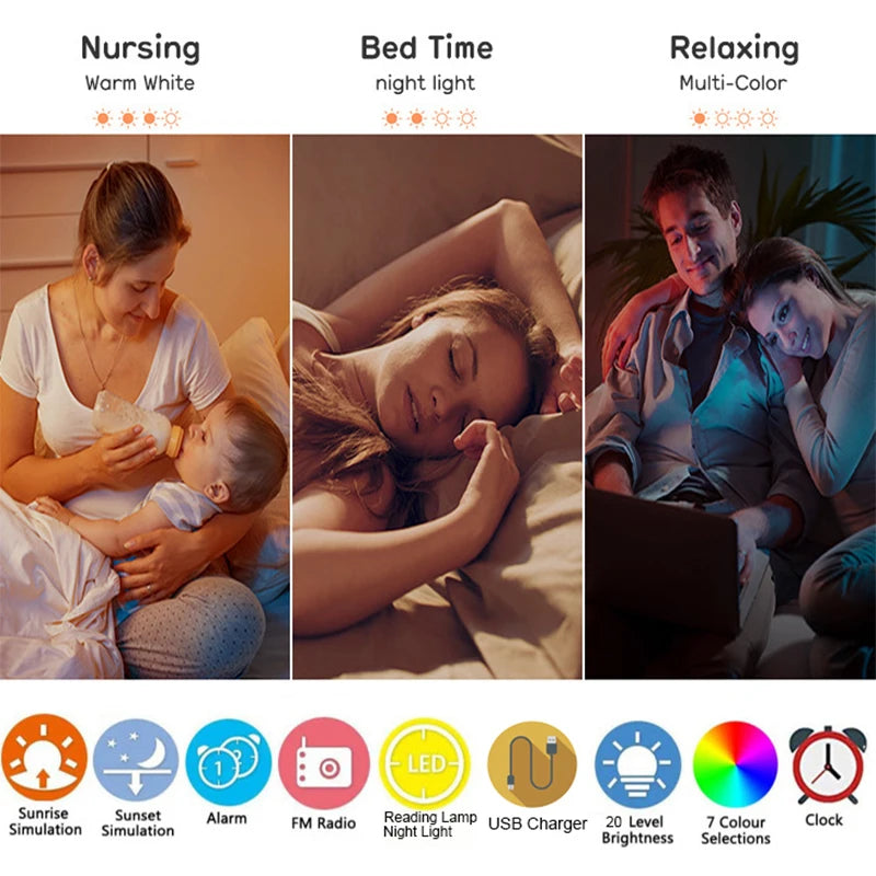 Wake Up Light Alarm Clock with Sunrise/Sunset Simulation, Dual Alarms, Radio, 7 Colour Lights