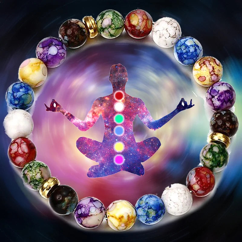 Classic 7 Chakra Energy Bracelet – Natural Volcanic Stone Yoga Meditation Jewelry