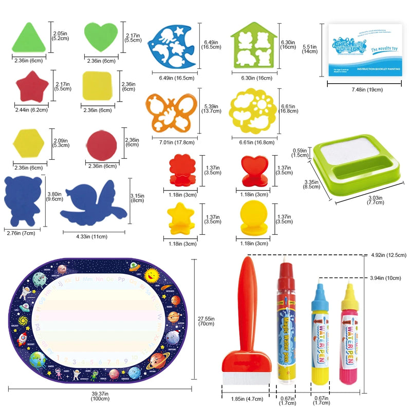 Magic Water Drawing Mat for Kids – 100x80CM Reusable Montessori Doodle Board with Pens & Stencils