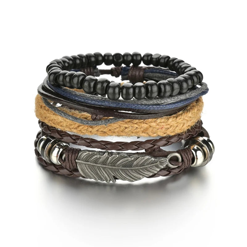Braided Leather Wrap Bracelet for Men – Vintage Beaded Tribal Wristband with Charms