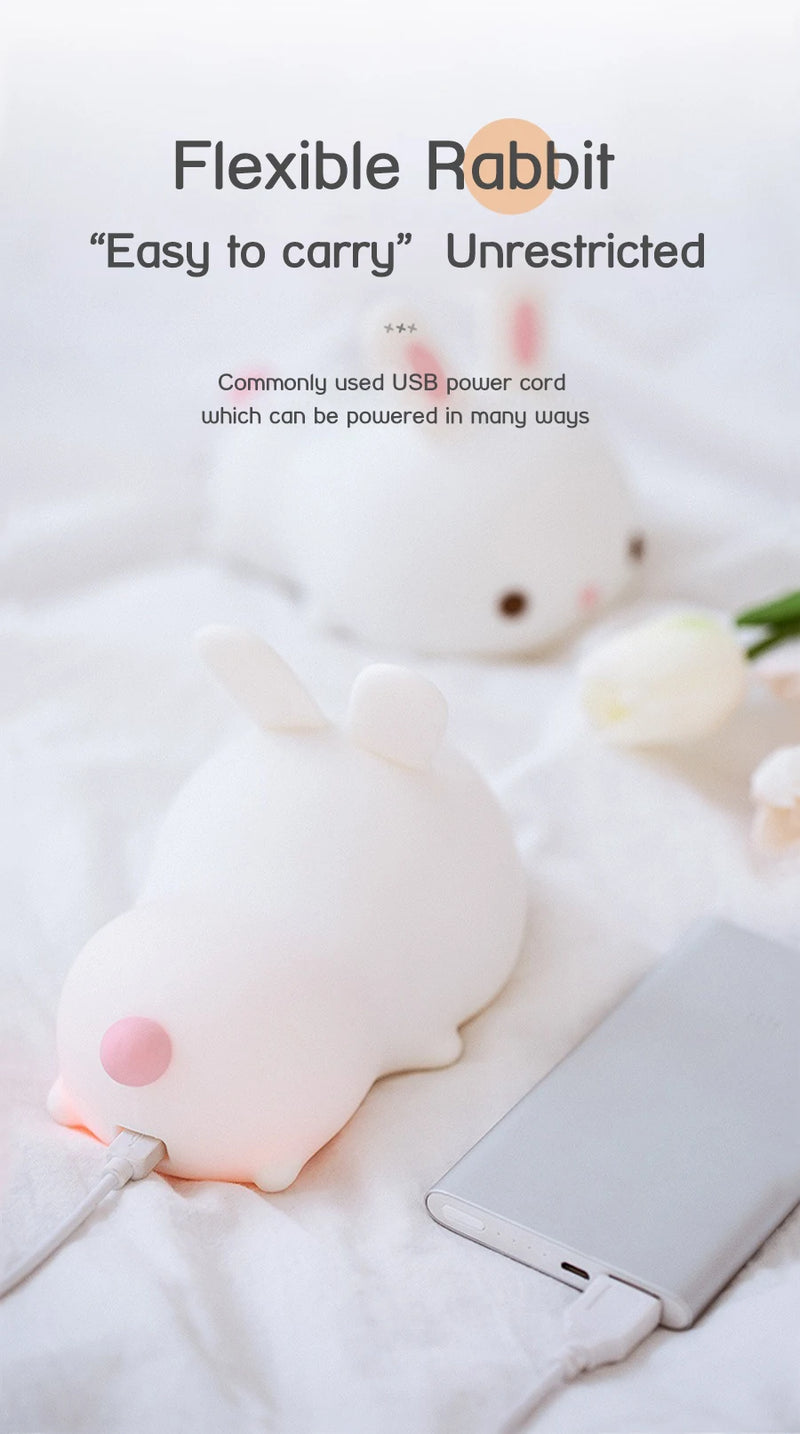 Rabbit night light – touch sensor RGB LED bunny lamp, USB rechargeable silicone nightlight