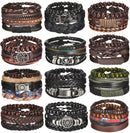 Braided leather wrap bracelet with wood beads and vintage charms displayed on a wrist.