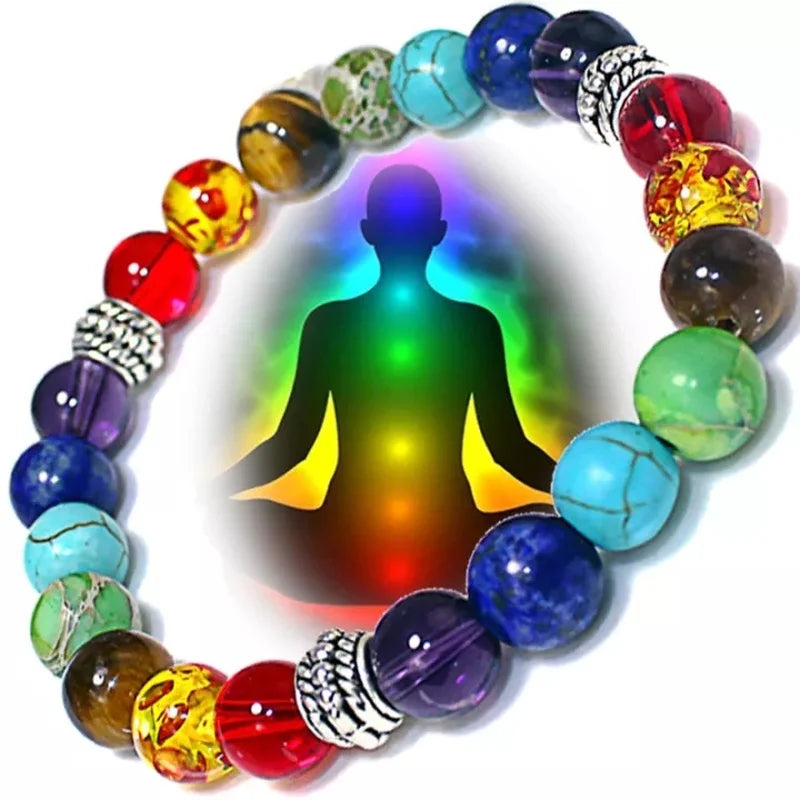 Colorful 7 chakra beaded bracelet made of natural volcanic stones with adjustable black