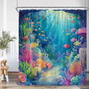 Undersea-themed polyester shower curtain with sea turtles, coral, and fish design in a bathroom setting.