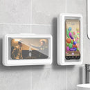 Waterproof phone holder box mounted on a bathroom wall with visible touch screen and sealed design.